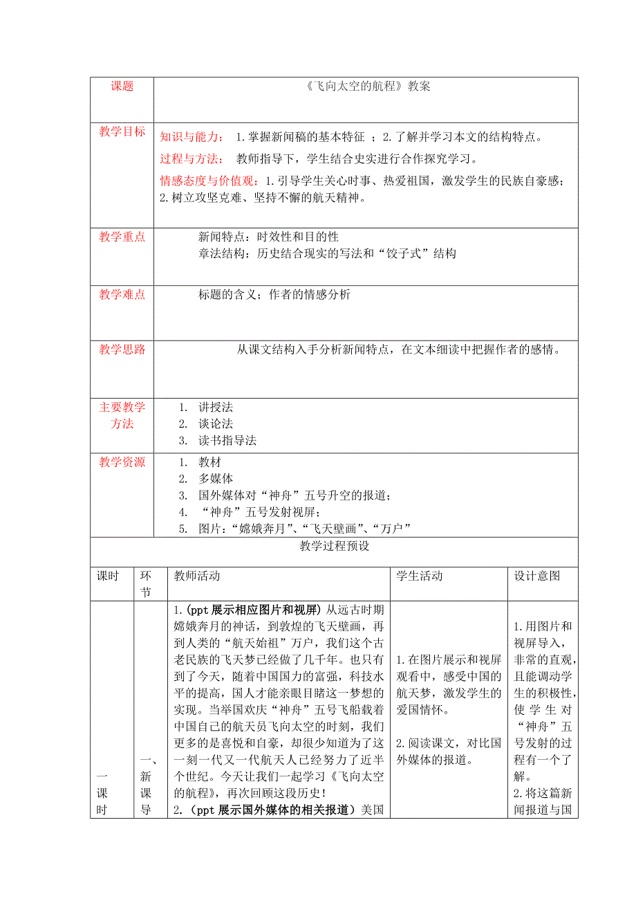 2017-2018学年人教版必修一 飞向太空的航程 教案(2)_第1页