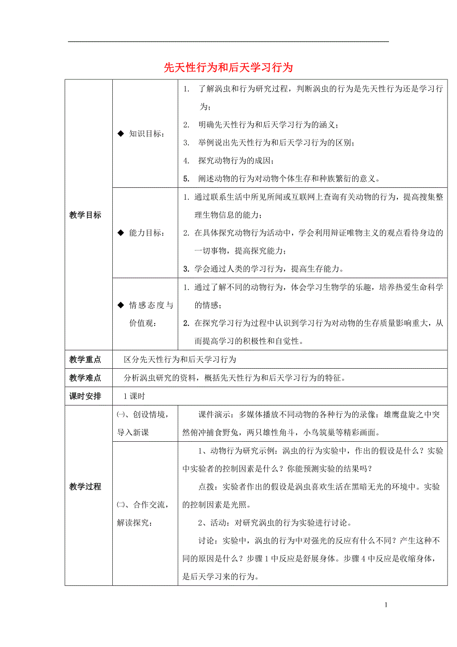 八年级生物上册 16.1《先天性行为和后天学习行为》教案2 （新版）北师大版_第1页