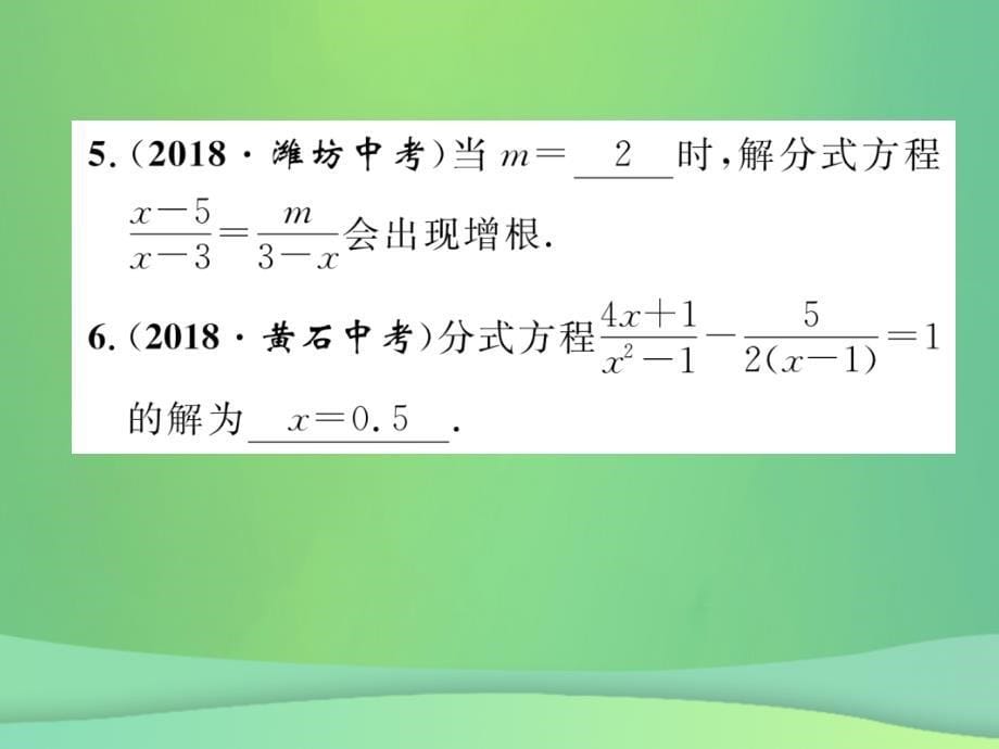 （毕节专版）2019年中考数学复习 第2章 方程（组）与不等式（组）第8课时 分式方程（精练）课件_第5页