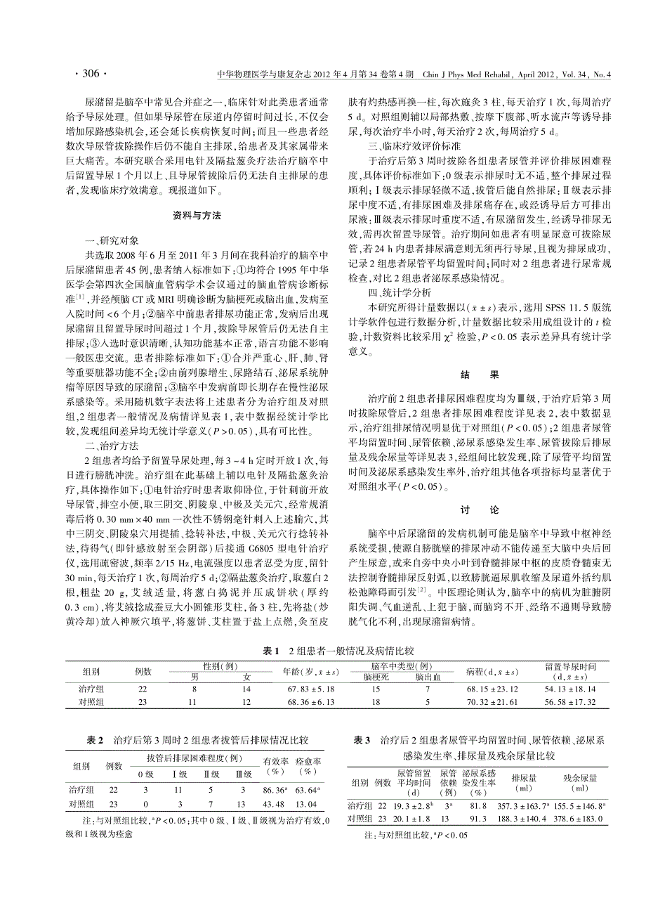 电针及隔盐葱灸治疗脑卒中后尿潴留的疗效观察_第2页