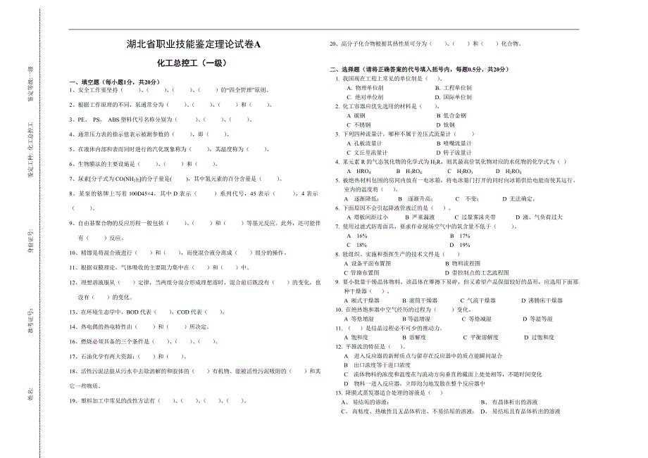 2010化工总控工理论+实践a(一级)_第1页