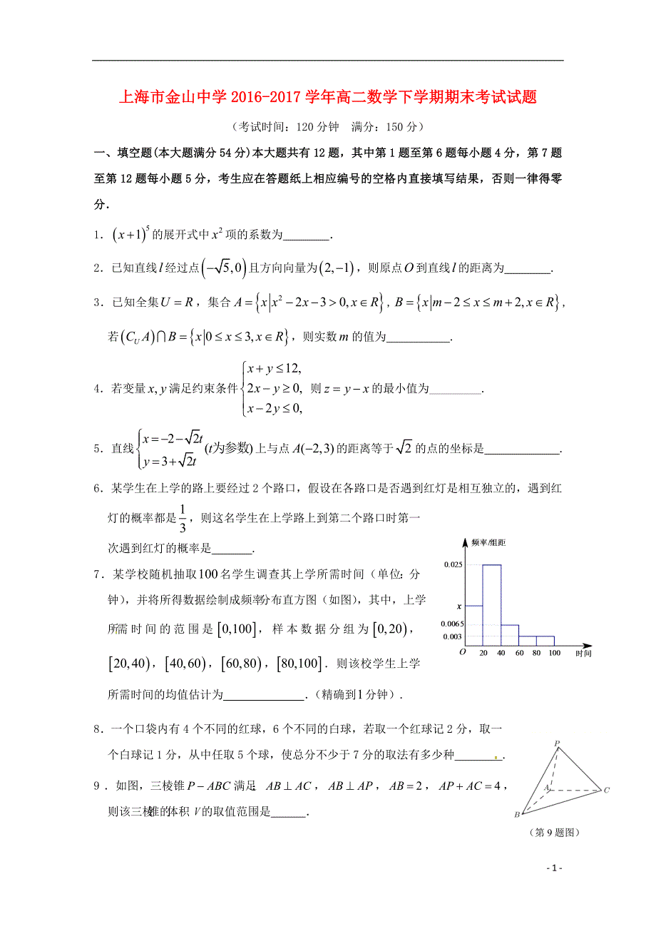 上海市金山中学2016-2017学年高二数学下学期期末考试试题_第1页