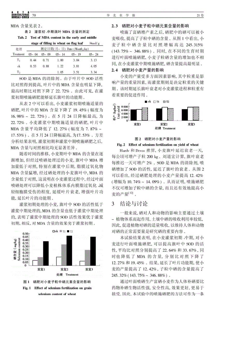硒肥对小麦花后旗叶生理特性和子粒含硒及产量的影响_第3页