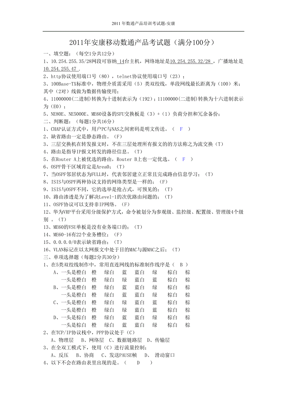 2011年数通产品考试题--答案_第1页