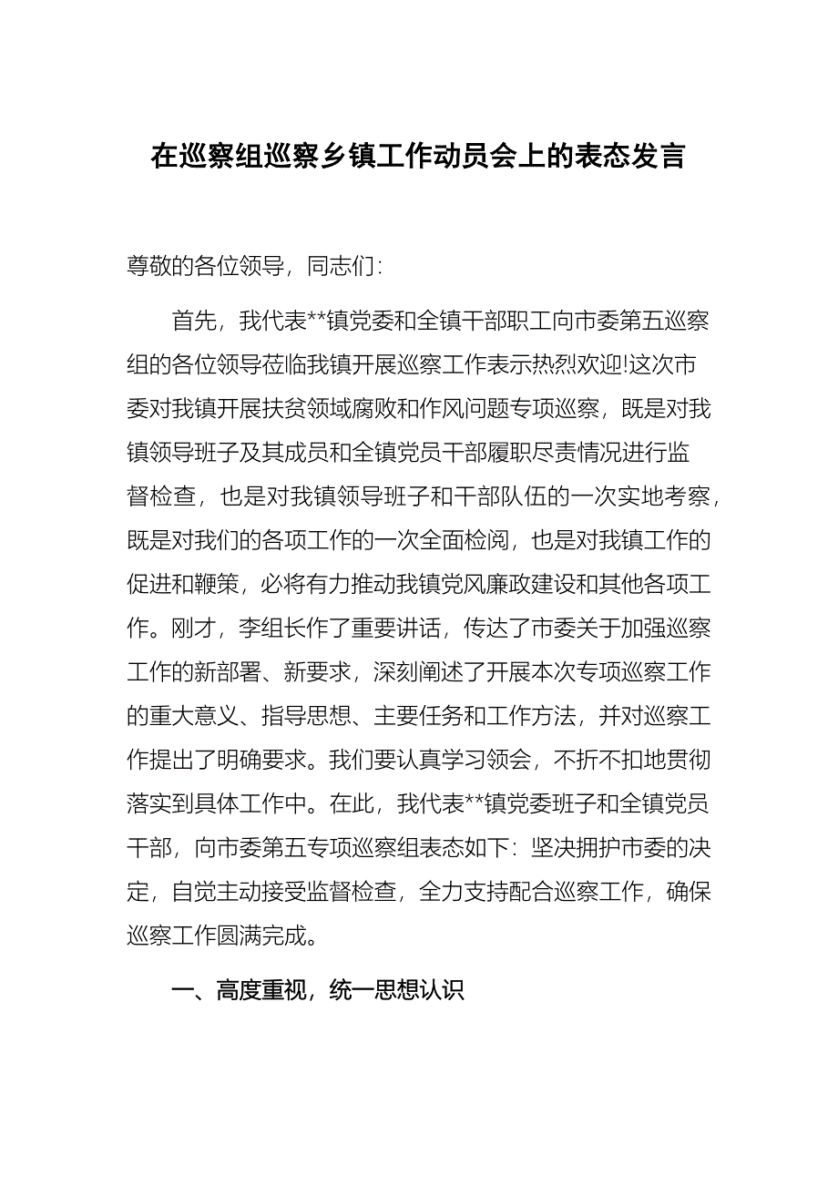 在巡察组巡察乡镇工作动员会上的表态发言精心编制可参考性强_第1页