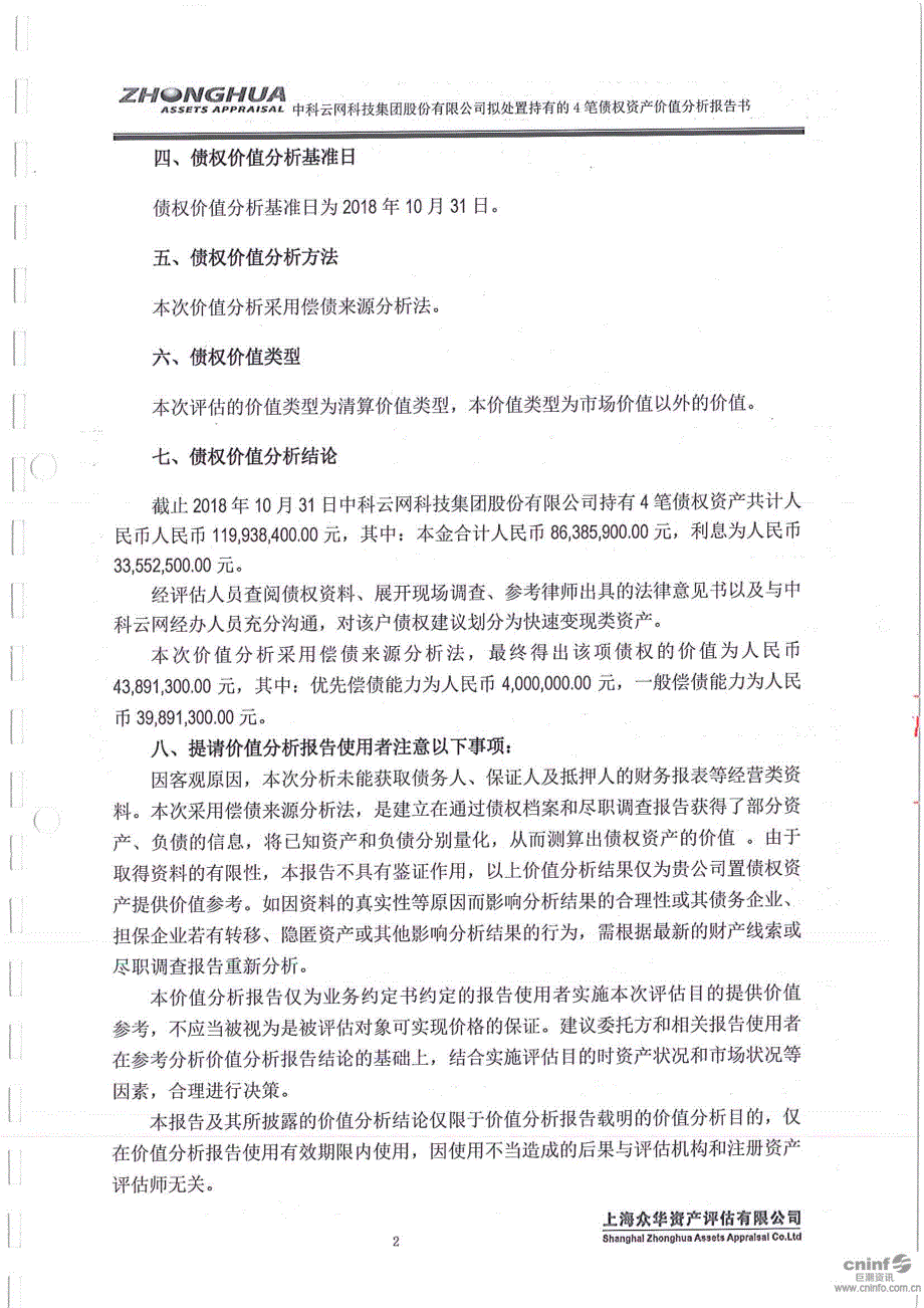 ST云网：拟处置持有的4笔债权资产价值分析报告书_第4页