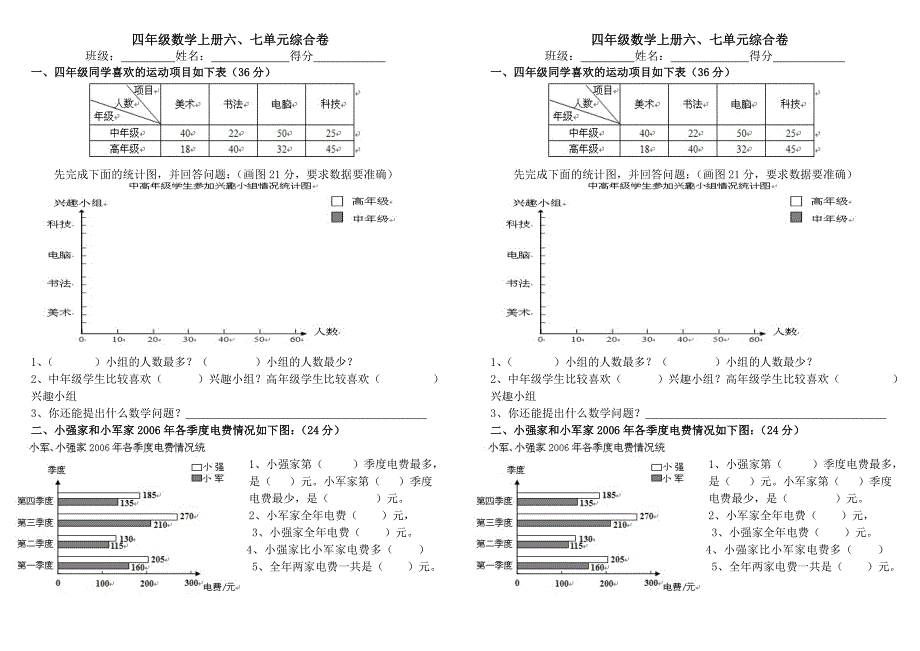 狮小人教版数学四年级上册第六、七单元单元测试卷_第1页