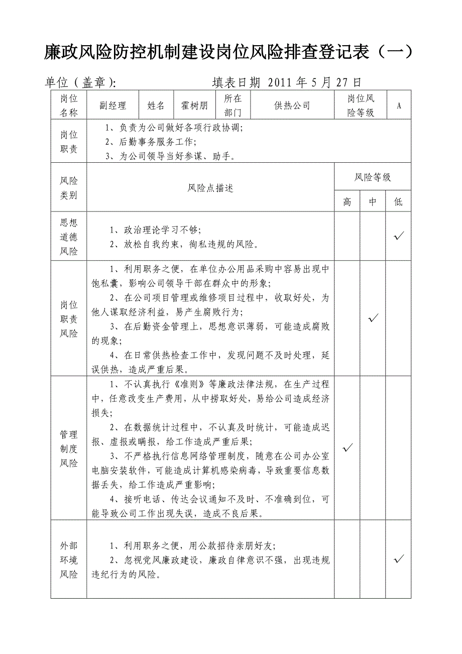 廉政风险防控机制建设岗位风险排查登记表(一)_第4页