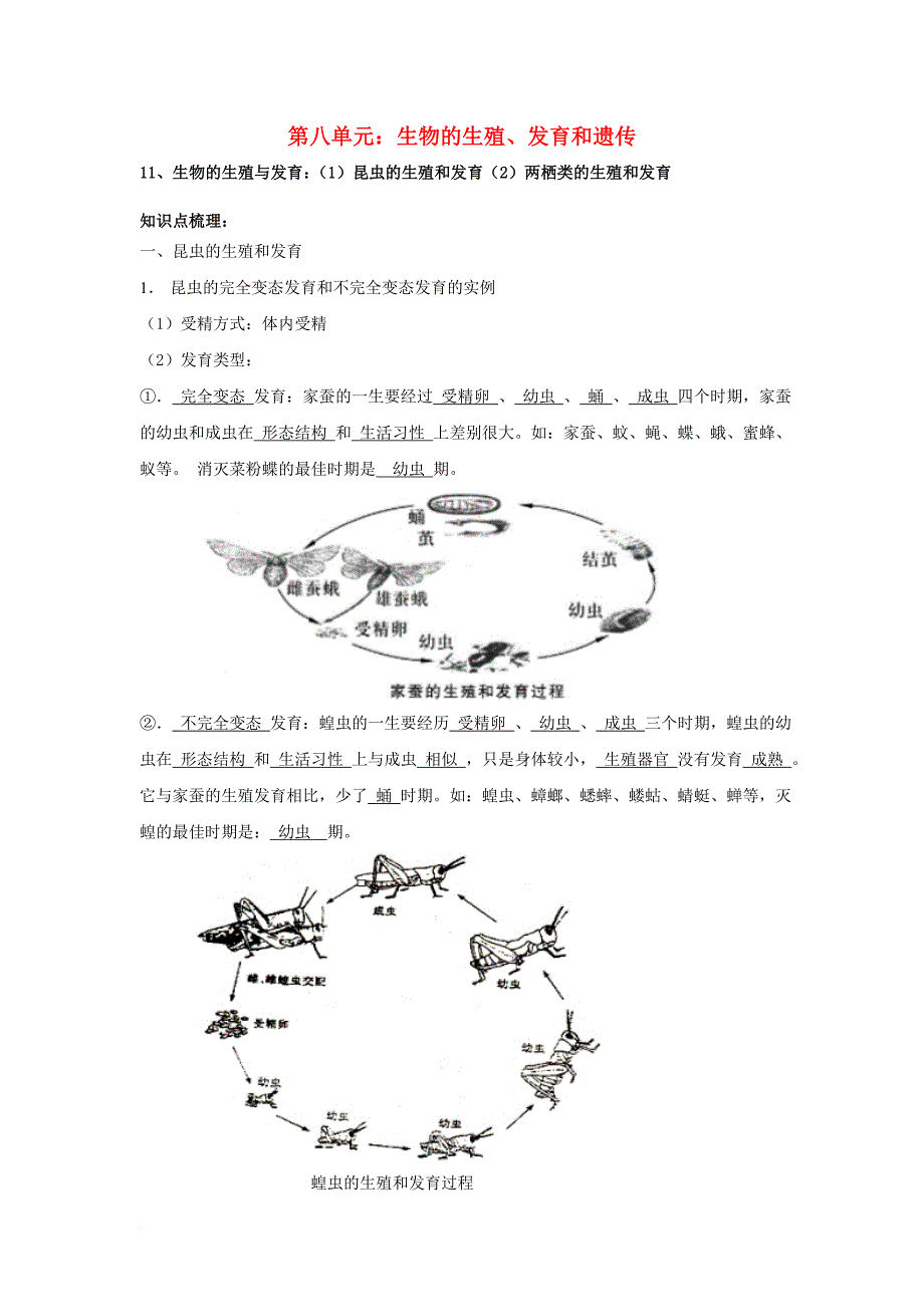 中考生物二轮复习 知识点梳理 八下 第八单元 生物的生殖 发育和遗传 新人教版_第1页