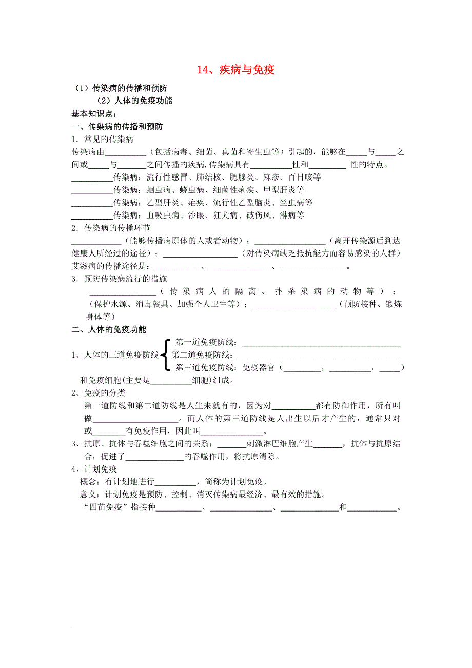 中考生物复习专题 14 疾病与免疫基础知识练习及备考训练（无答案）_第1页