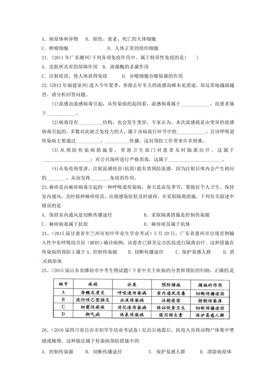 中考生物复习专题 14 疾病与免疫基础知识练习及备考训练（无答案）_第4页