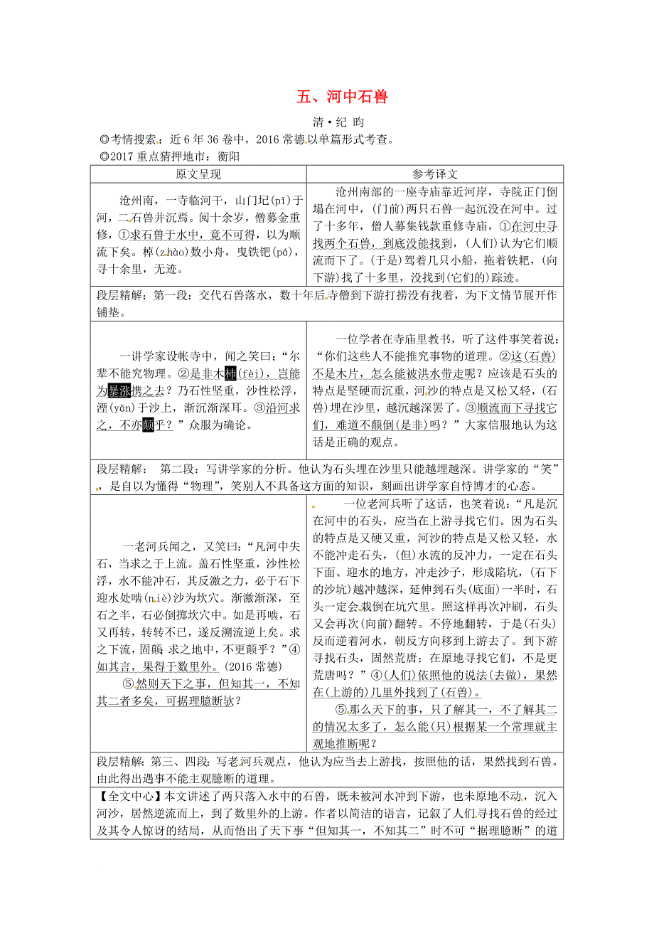 中考语文 第二部分 古诗文阅读 专题一 文言文阅读 五 河中石兽素材 语文版_第1页