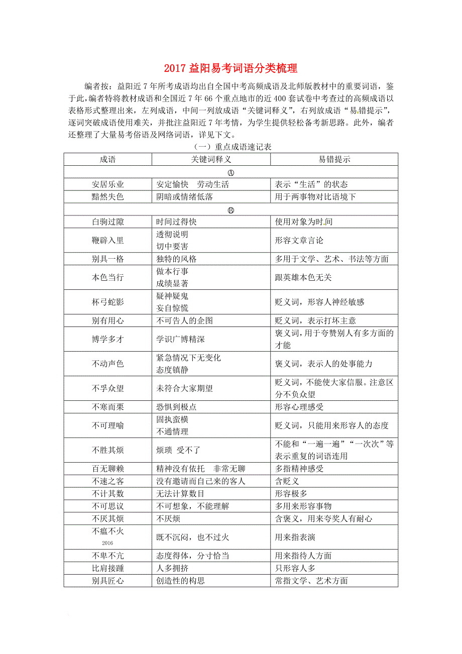 中考语文第一部分积累与运用易考词语分类梳理素材北师大版_第1页