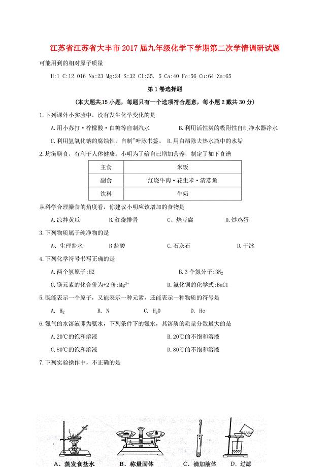 九年级化学下学期第二次学情调研 试题