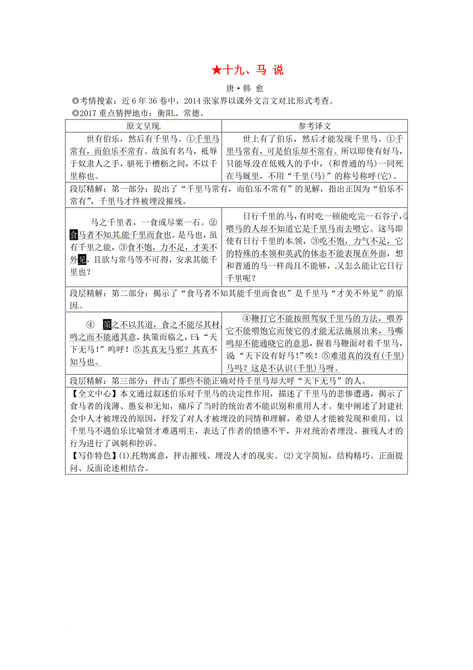 中考语文 第二部分 古诗文阅读 专题一 文言文阅读 十九 马说素材 语文版_第1页