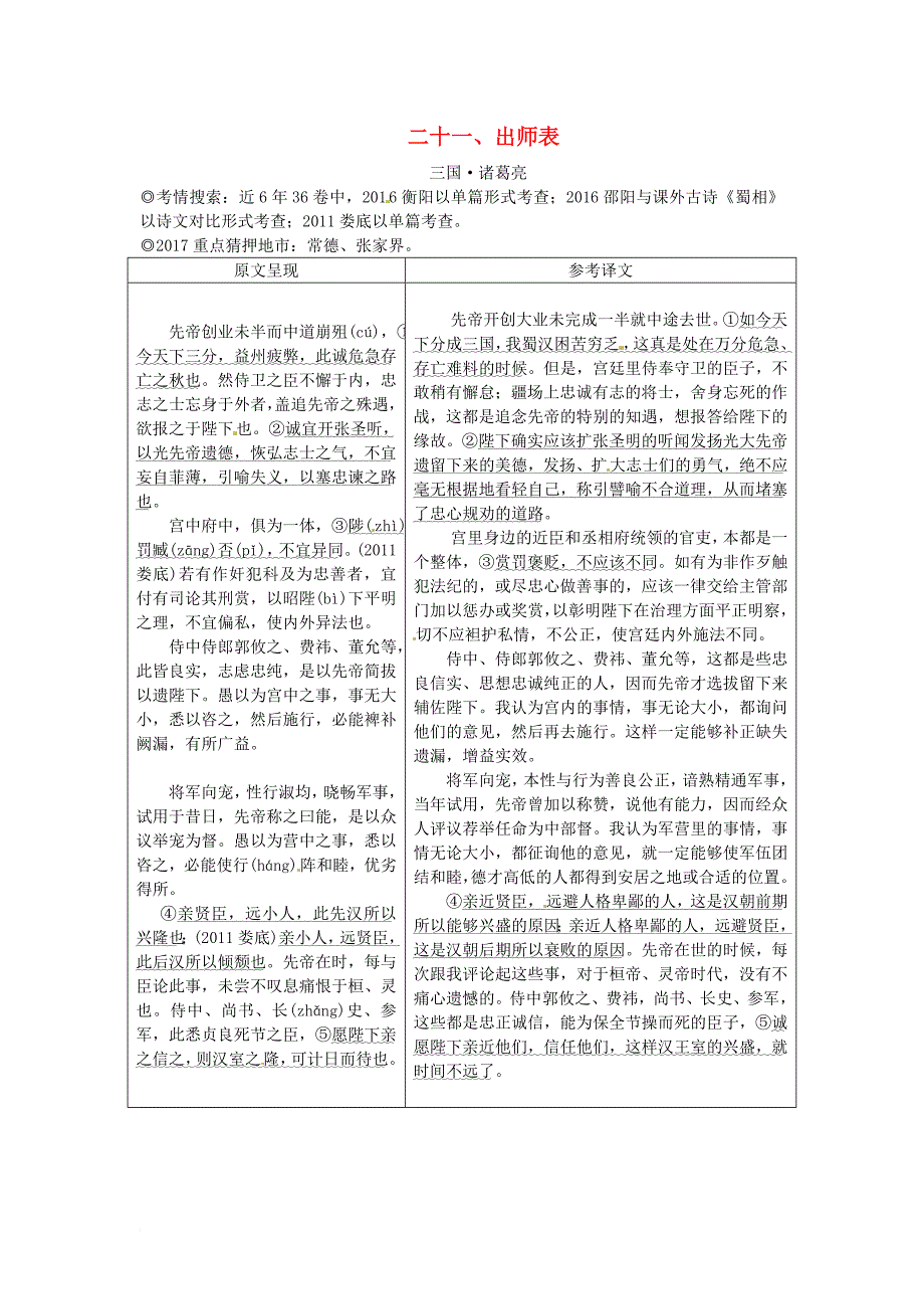 中考语文 第二部分 古诗文阅读 专题一 文言文阅读 二十一 出师表素材 语文版_第1页