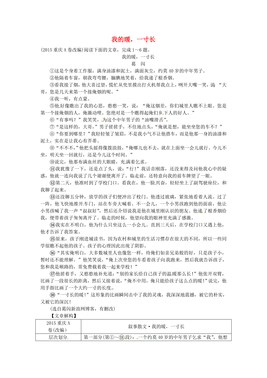 中考语文试题研究 第三部分 现代文阅读 专题一 记叙文阅读 我的暖一寸长素材_第1页