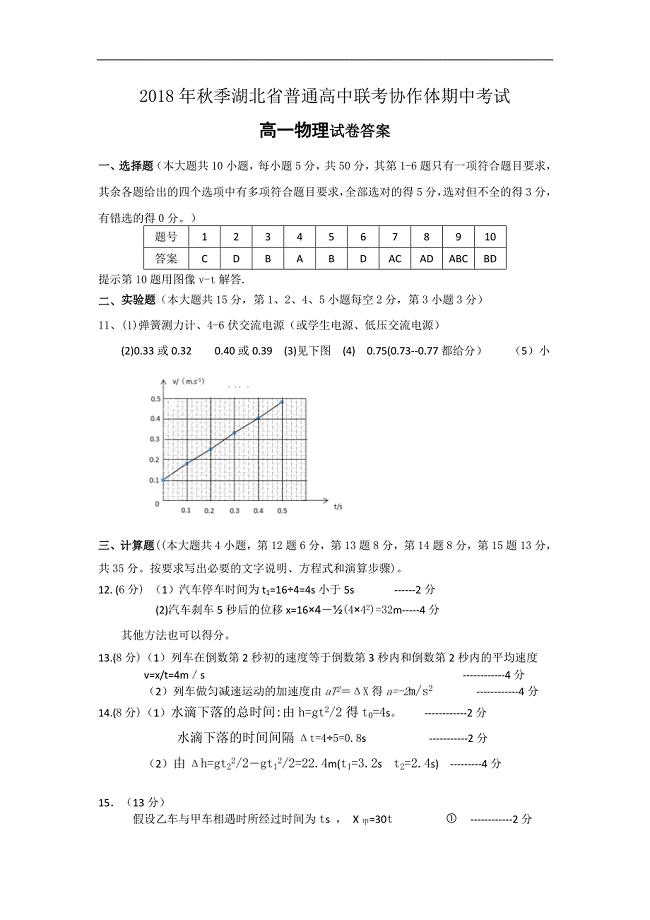 湖北省普通高中联考协作体2018-2019学年高一期中考试物理答案