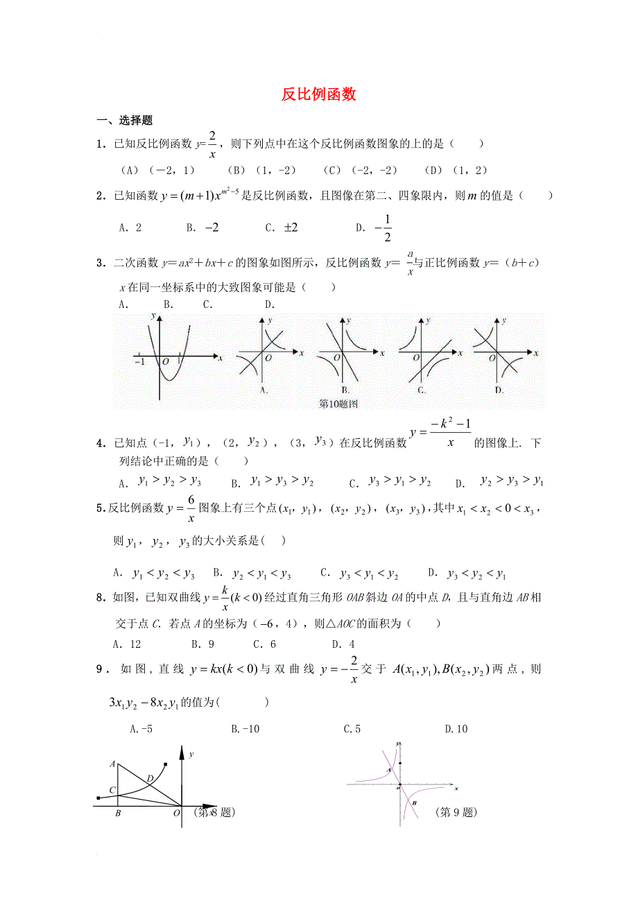 中考数学专题复习训练 反比例函数（无答案）_第1页