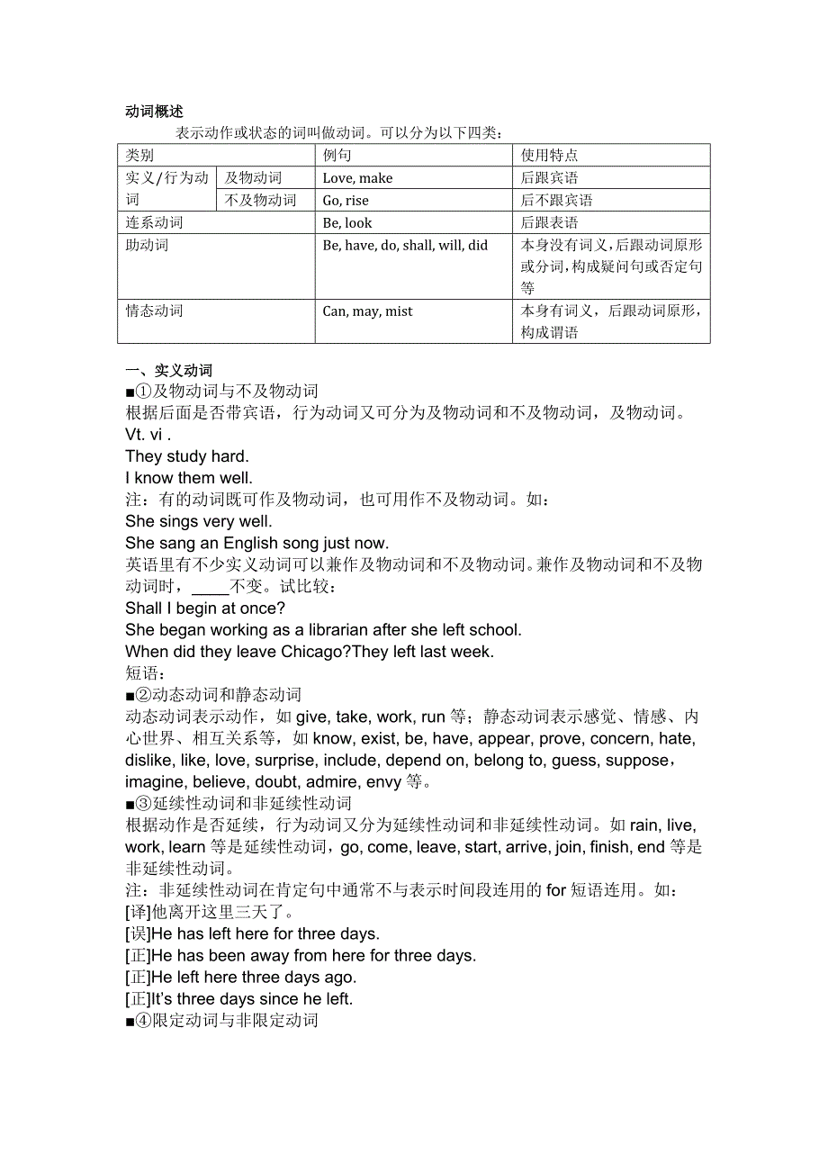 初中英语动词分类讲解及练习(有答案)_第1页