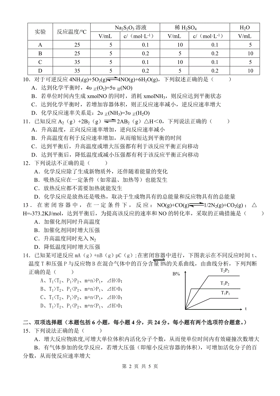 高二化学第一学期期中考试试卷(含答案)_第2页