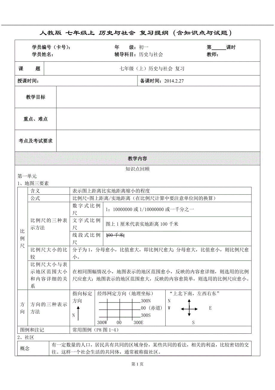 人教版-七年级上-历史与社会-复习提纲(含知识点与试题)_第1页