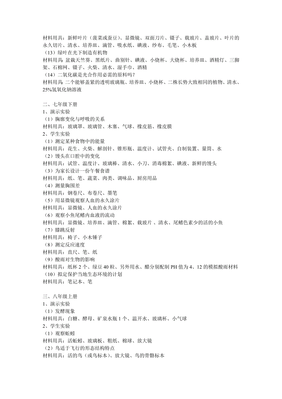 初中生物实验器材清单_第2页
