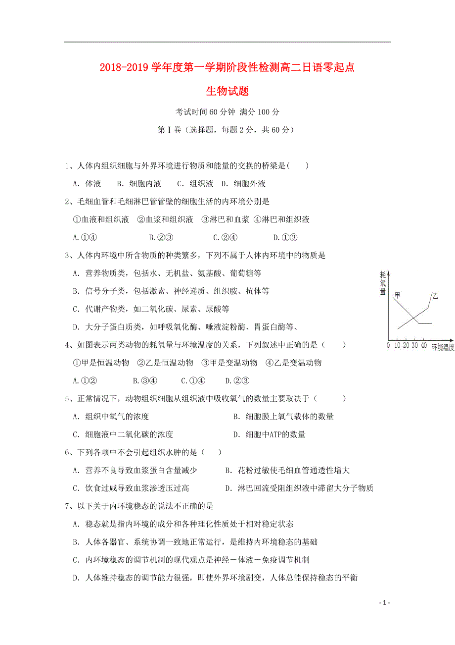 山东省2018-2019学年高二生物上学期阶段性检测（10月）试题（日语班，无答案）_第1页