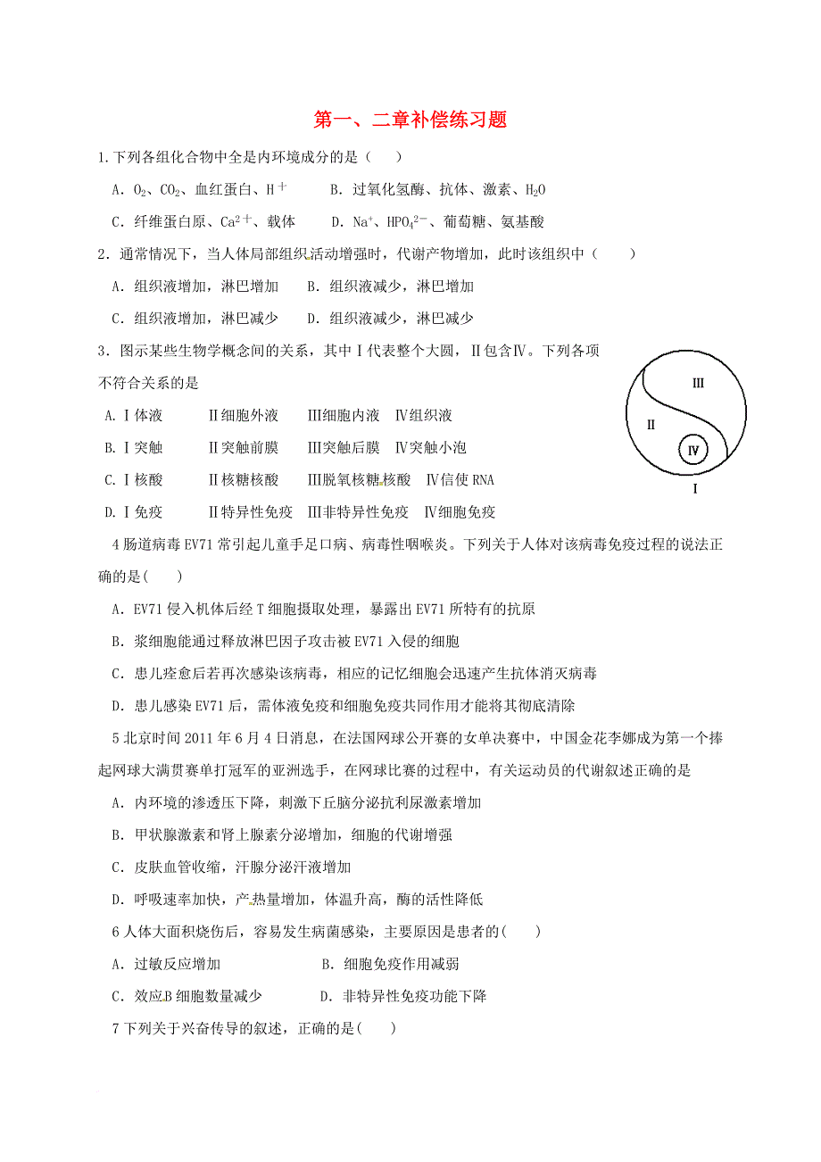 高中生物 第一章 人体的内环境与稳态 第二章 动物和人体生命活动的调节补偿练习试题 新人教版必修_第1页