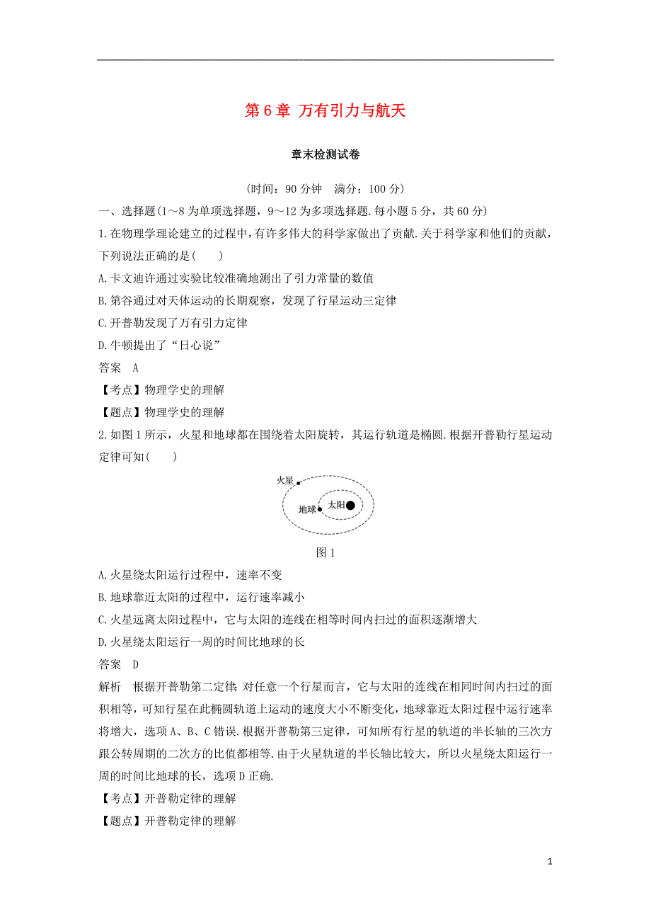 2018-2019学年高中物理 第6章 万有引力与航天章末检测试卷 新人教版必修2_第1页