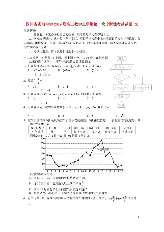 四川省资阳中学2019届高三数学上学期第一次诊断性考试试题 文