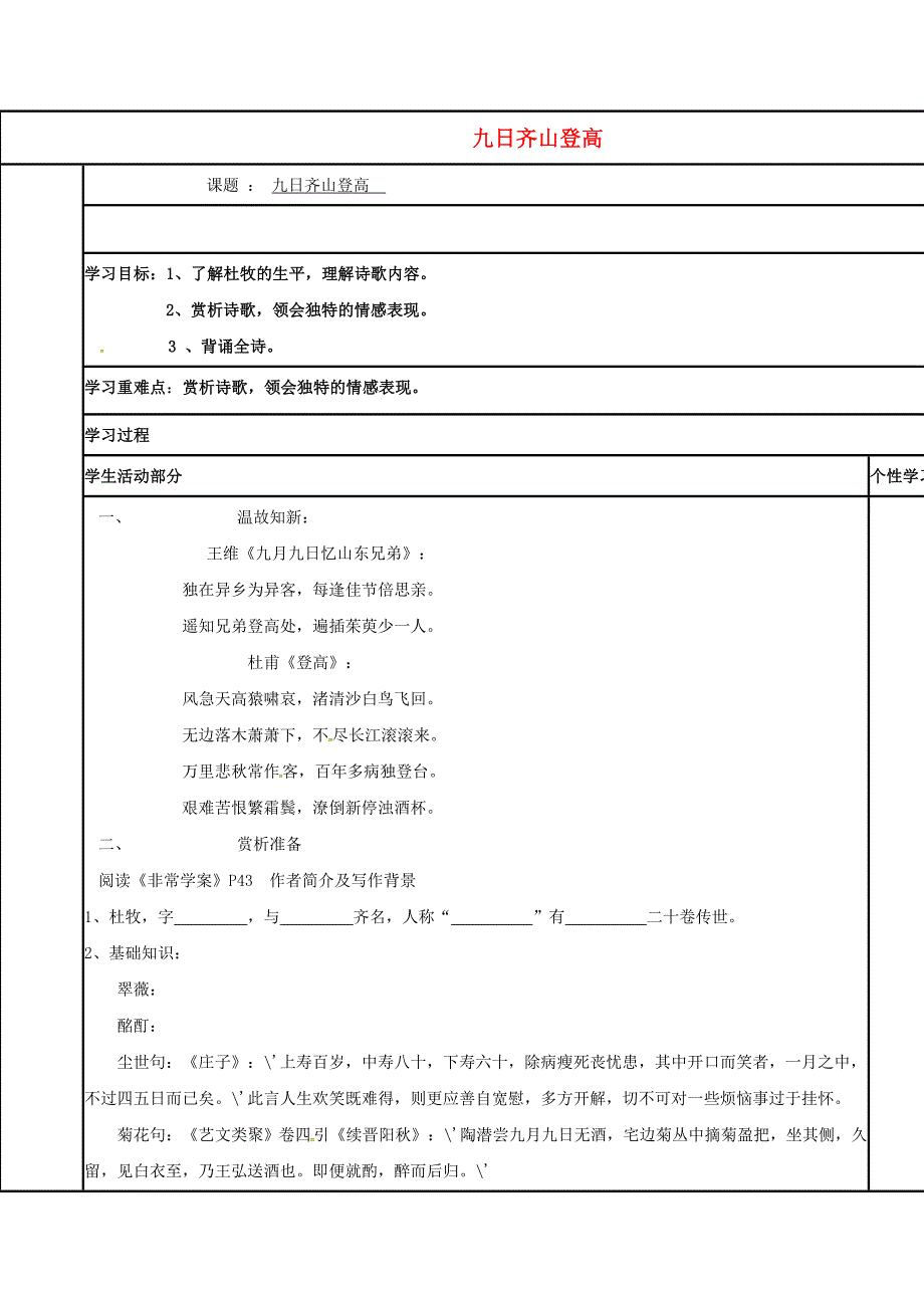 高中语文 第六专题 九日齐山登高学案（无答案）苏教版选修《唐诗宋词选读》_第1页