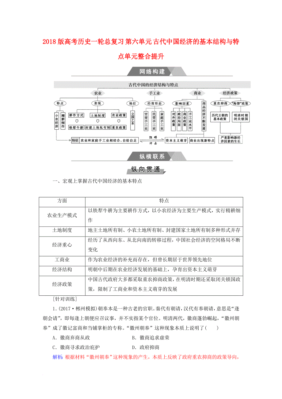 高考历史一轮总复习 第六单元 古代中国经济的基本结构与特点单元整合提升_第1页