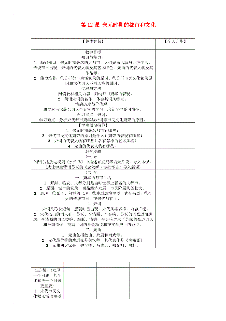七年级历史下册 第2单元 第12课 宋元时期的都市和文化教学案 新人教版_第1页