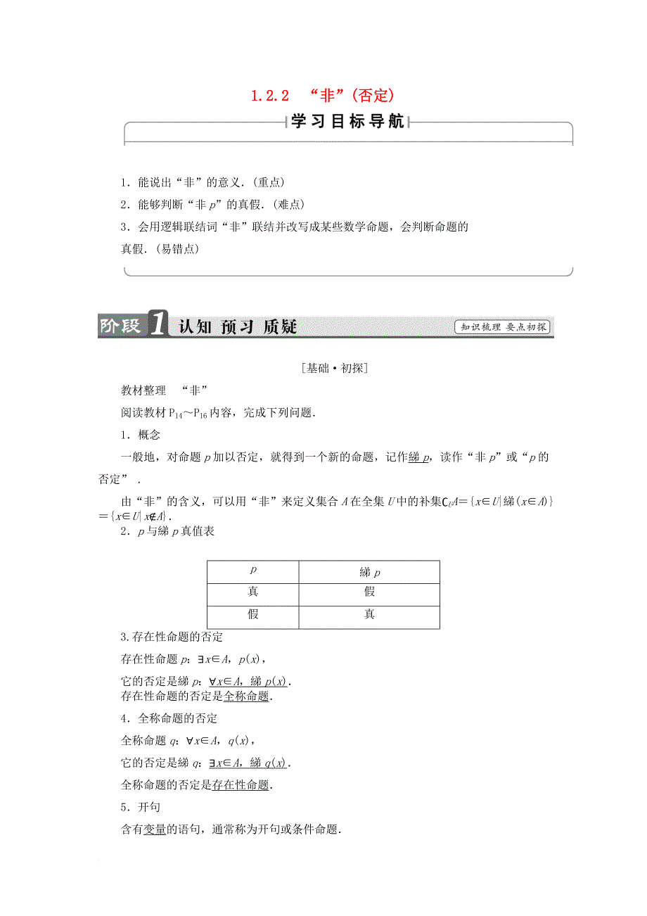 高中数学 1_2_2“非”（否定）学案 新人教b版选修2-1_第1页