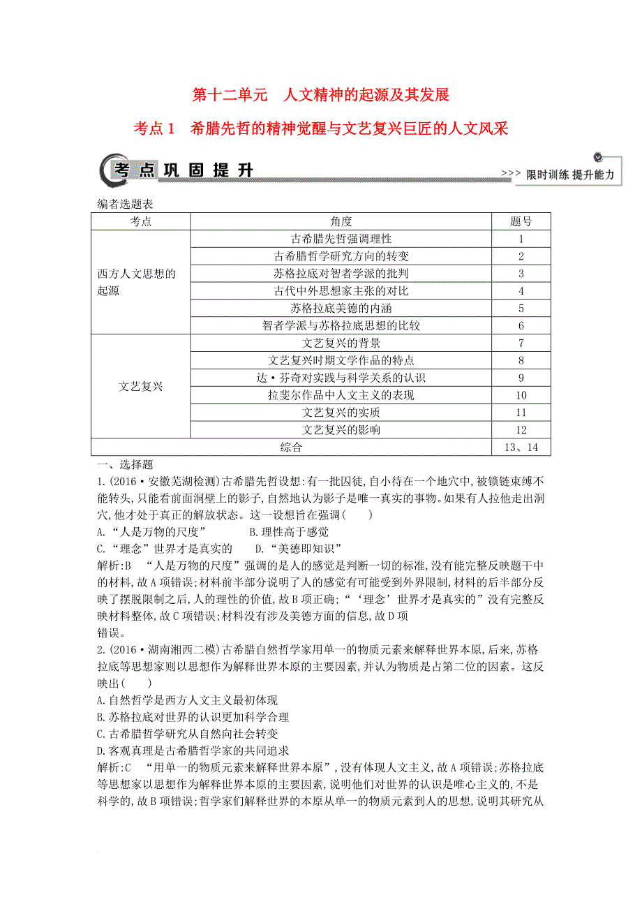 高考历史大一轮复习 第十二单元 人文精神的起源及其发展 考点1 希腊先哲的精神觉醒与文艺复兴巨匠的人文风采 岳麓版_第1页