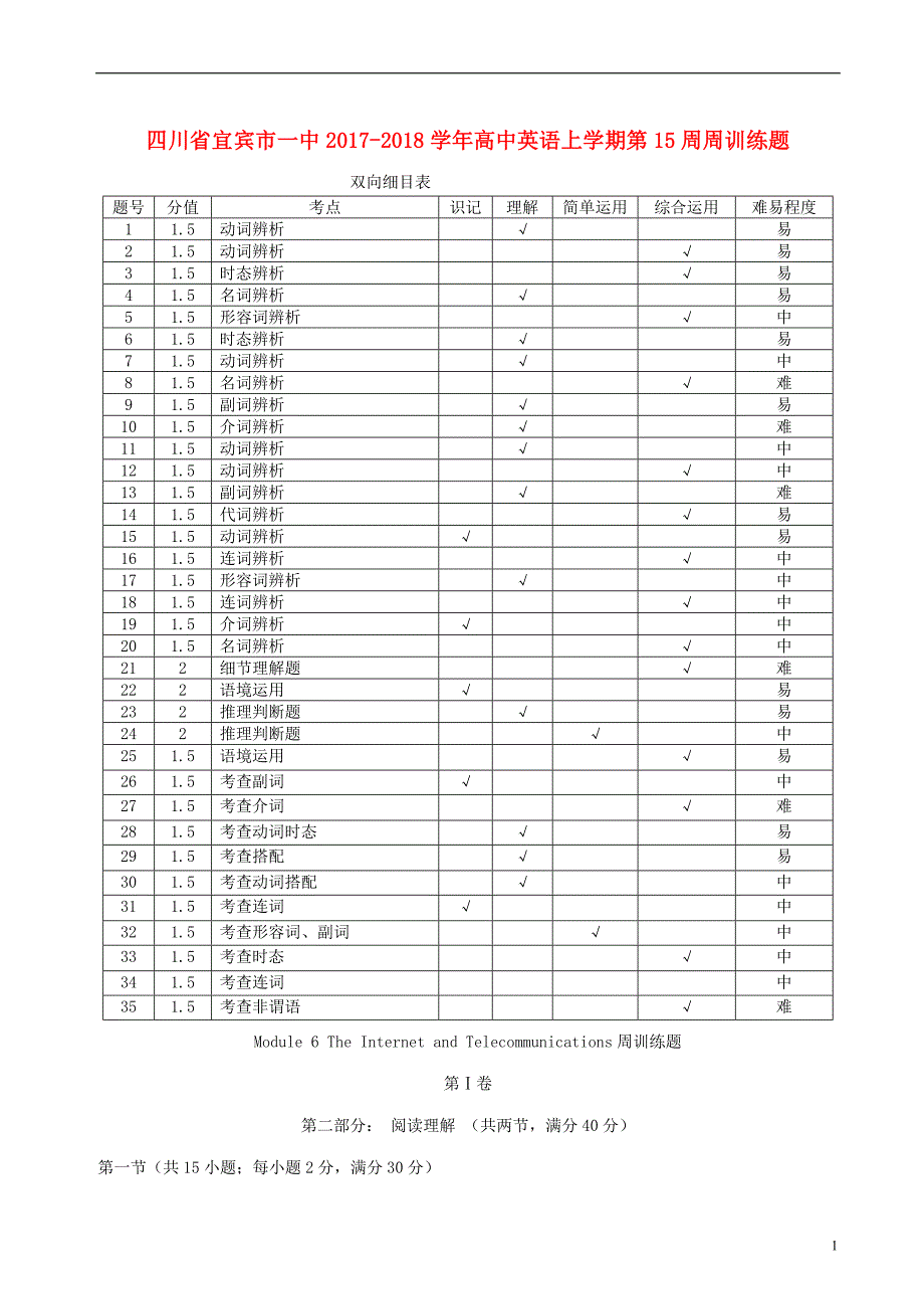 四川省宜宾市一中2017-2018学年高中英语上学期第15周周训练题_第1页