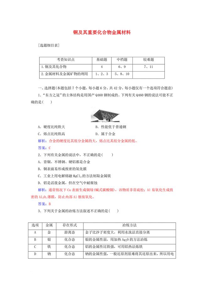 高考化学一轮总复习 第三章 金属及其化合物 第11讲 铜及其重要化合物金属材料限时训练