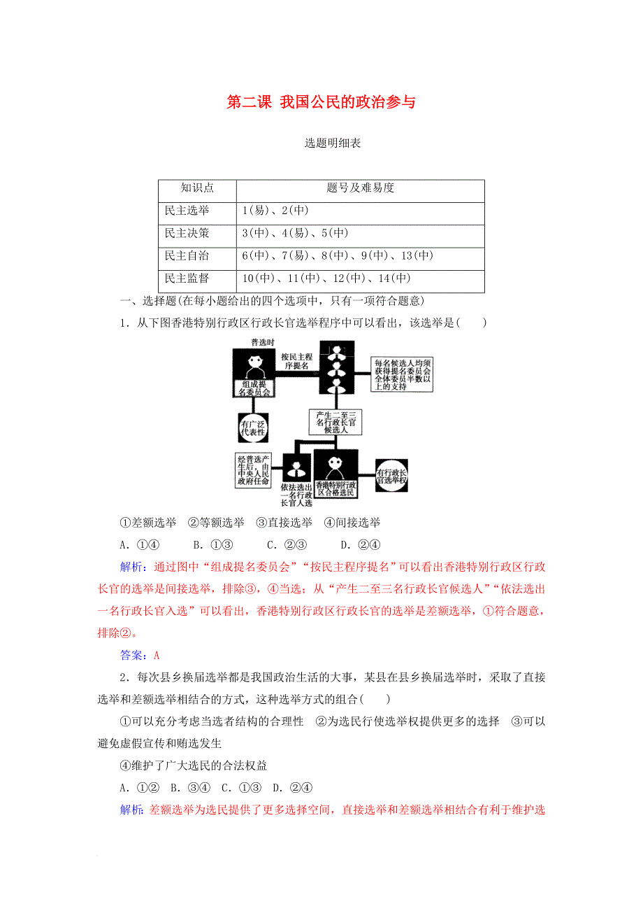 高考政治一轮总复习 第二部分 第一单元 公民的政治生活 第二课 我国公民的政治参与限时训练_第1页