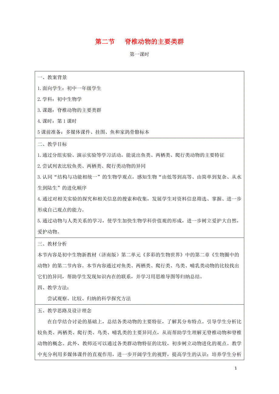 七年级生物上册 2.2.2《脊椎动物的主要类群》第一课时教案1 （新版）济南版_第1页