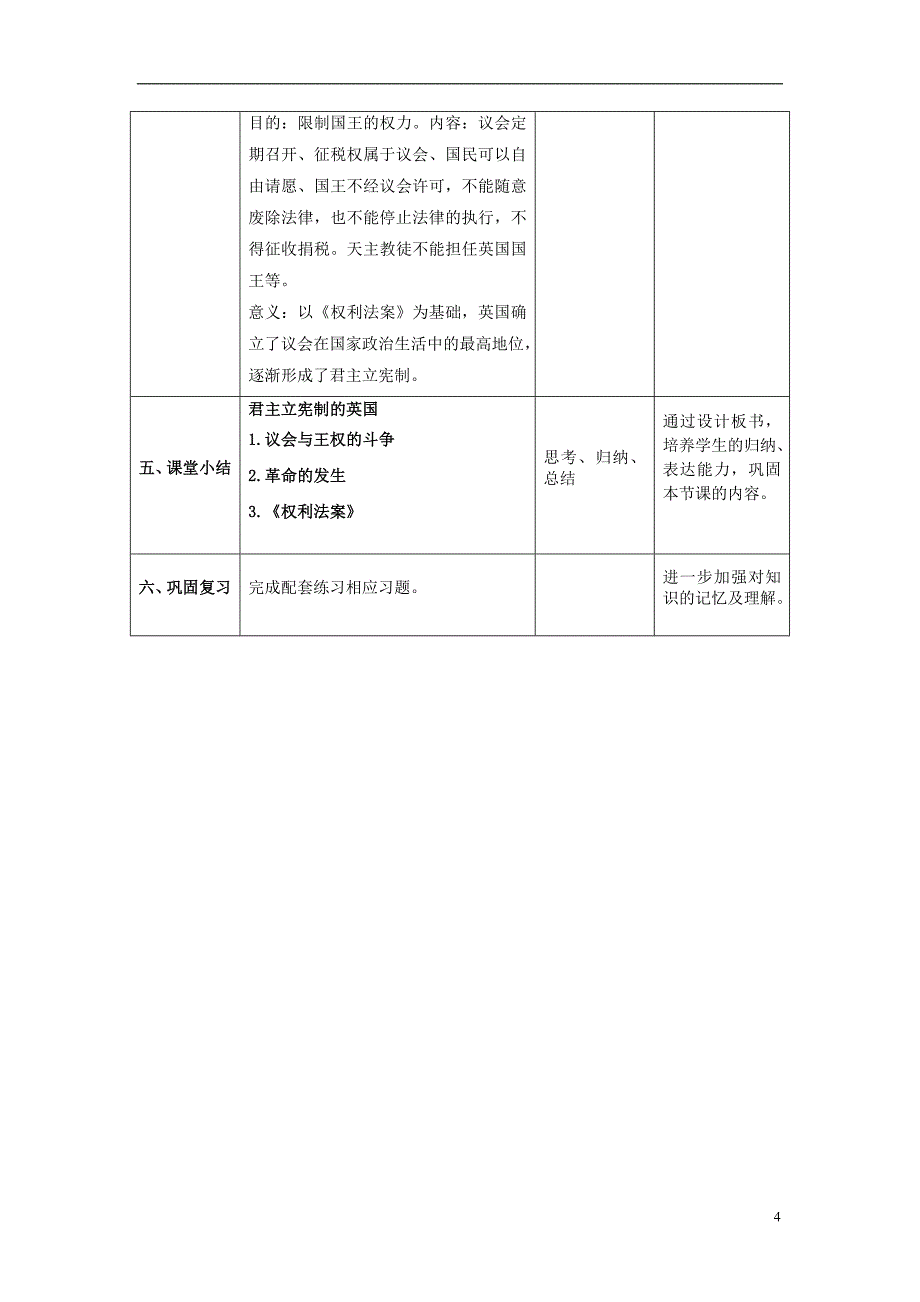 2018秋九年级历史上册 第17课 君主立宪制的英国教案 新人教版_第4页