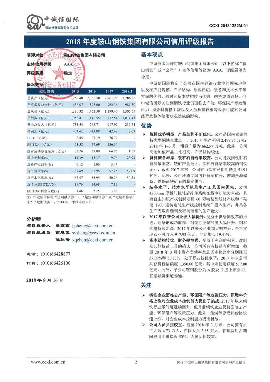2018鞍山钢铁集团有限公司信用评级报告_第1页