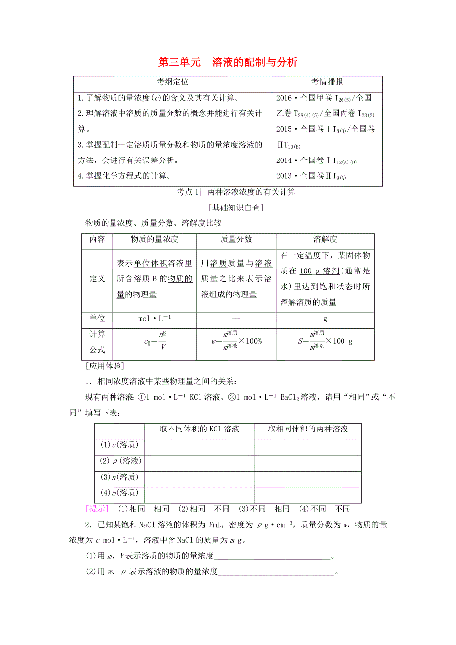 高三化学一轮复习 专题1 第3单元 溶液的配制与分析教师用书 苏教版_第1页