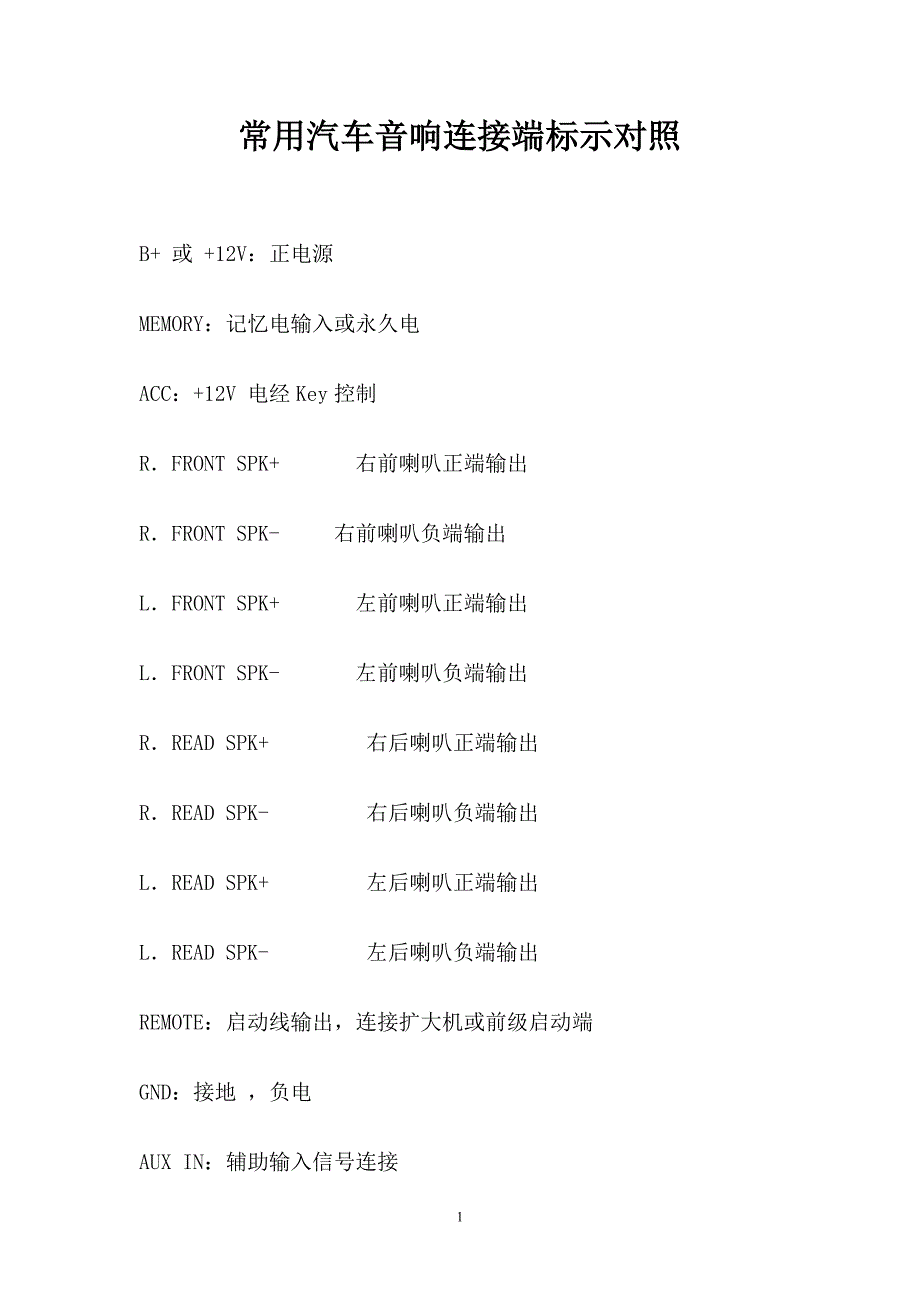 常用汽车音响连接端标示对照_第1页