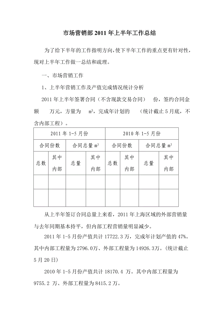 市场营销部2011年上半年工作总结_第1页