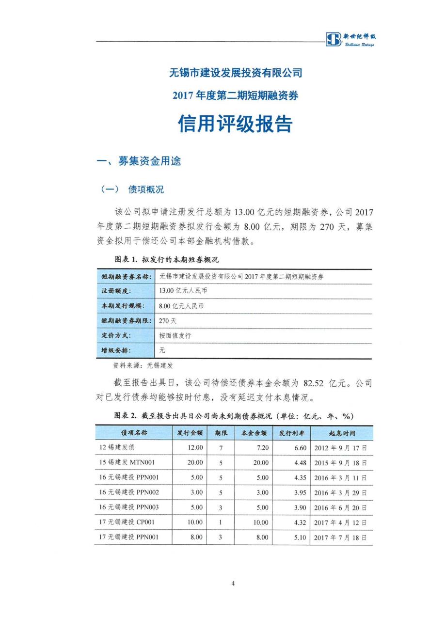 无锡市建设发展投资有限公司2017第二期短期融资券信用评级报告及跟踪评级安排_第4页