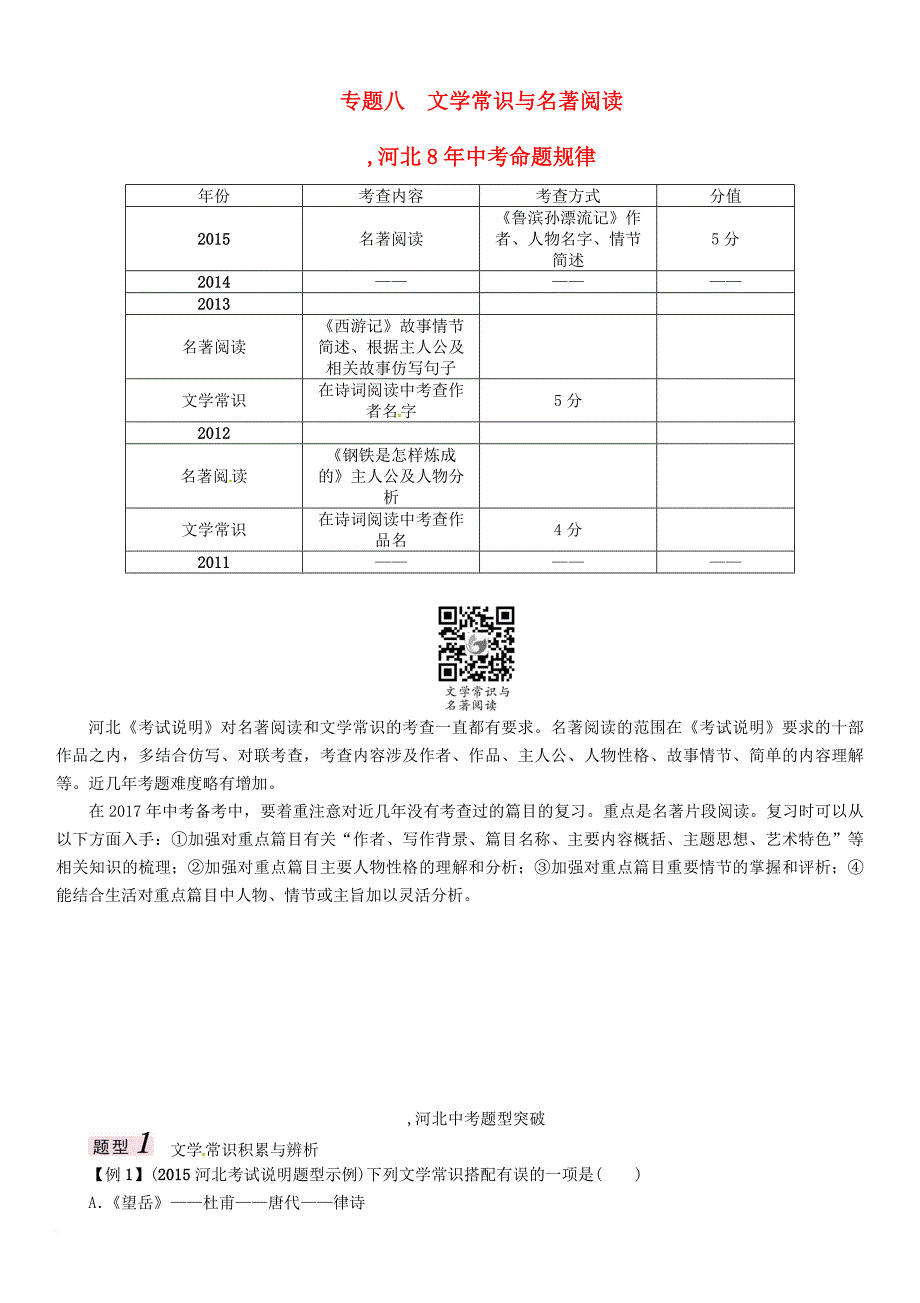 中考语文总复习第二编积累与运用篇专题八文学常识与名著阅读_第1页