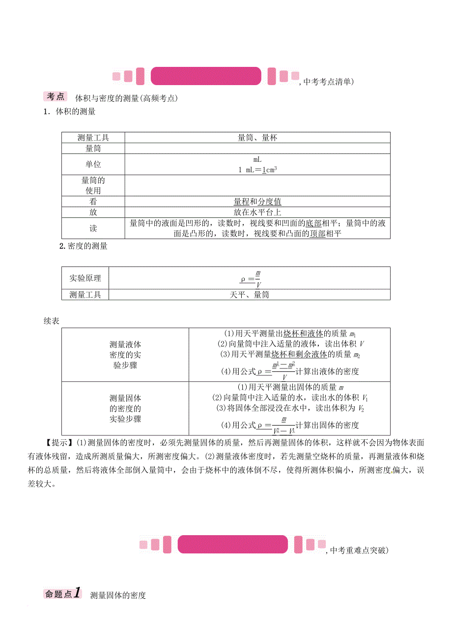 中考物理命题研究 第一编 教材知识梳理篇 第四讲 质量与密度 课时2 密度的测量（精讲）试题_第3页