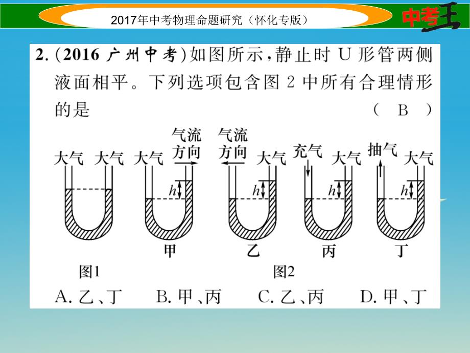 中考物理命题研究 第一编 教材知识梳理篇 第六讲 压强 课时2 大气压强 流体压强与流速的关系（精练）课件_第4页