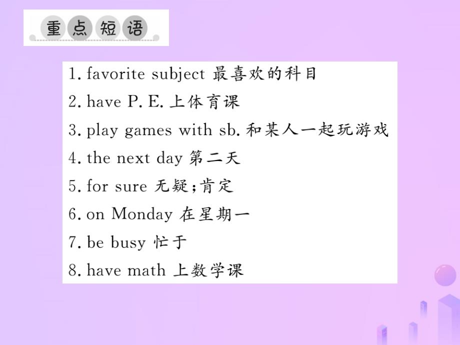 2018年秋七年级英语上册unit9myfavoritesubjectisscience重点短语与句型习题课件新版人教新目标版_第2页